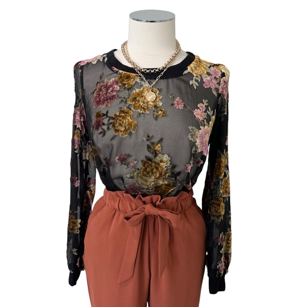 A NEW DAY Sheer Floral Velvet Application Sweatshirt Top Crewneck Black Sz S - Picture 9 of 12